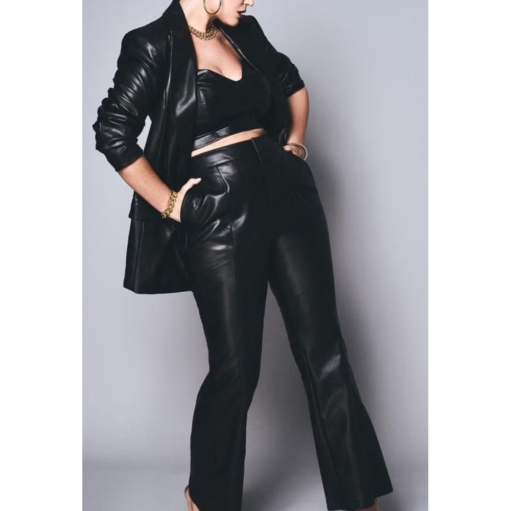 Eloquii Faux Leather Pants  Black Flare Bell Wide Leg Stretch Sexy Retro Size 14